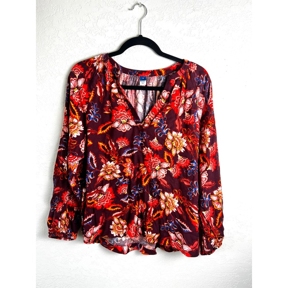 Old Navy Floral Split Neck Blouse Top Size Medium Orange Wine Blue Peasant NEW